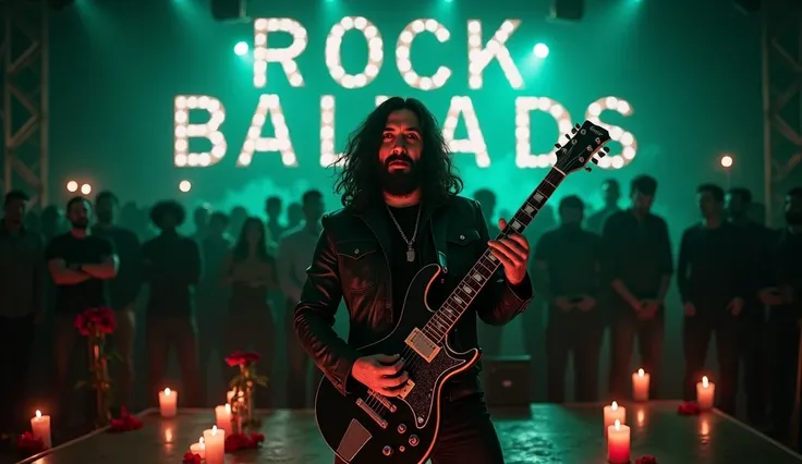   Here's the updated prompt for your Rock Ballads miniature :

INCITE:
"   A dark and epic scene from a rock show   .  in the city center,    a guitarist with a beard and long hair   ,   wearing a black leather jacket  ,    playing an electric guitar with ...