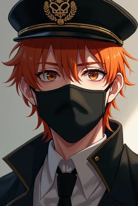 man,  orange hair, brown eyes, high, with Russian coffee hat and black mask,  white skin,  anime-style