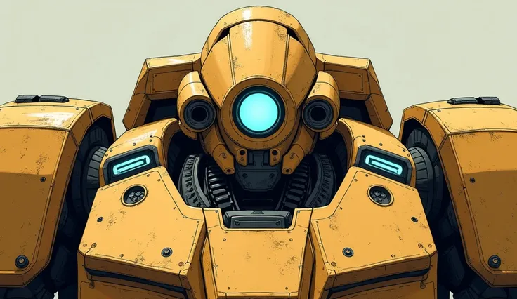 A close-up illustration of the head and shoulders of a massive, heavily armored combat robot. Its armor is sandy or ochre-colored. The robot's head has a sleek, aerodynamic design with a glowing bluish-white energy core embedded in its forehead. Its eyes a...