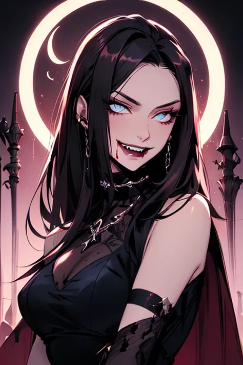 (( obra maestra, mejor calidad ))  cuerpo completo,  , 1 niña, vampire, hugging a man , pose elegante, elegant goth dress,  goth, elegant jewelry, nice eyes, showing her fangs, blood. Background: gothic castle, moonlight, glow lights