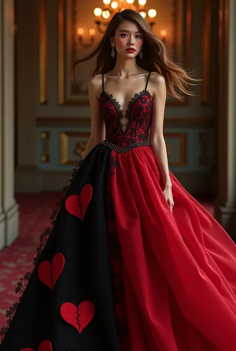 Beautiful dress for gala . Red and black colours broken hearts thin white woman with brown hair