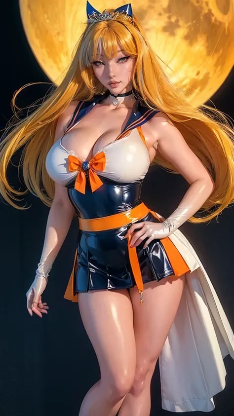 ((masterpiece:1.4), (highest quality:1.4), (Realistic:1.7))、RAW Photos、Octane Rendering、From below:1.2、Sexy pose、1 person、Japanese、Mature Woman、Plump face、Big eyes:1.3、Droopy eyes、eye make up、Large Breasts、Sailor Warrior Uniform、Sailor Venus、Blonde Hair、Ma...