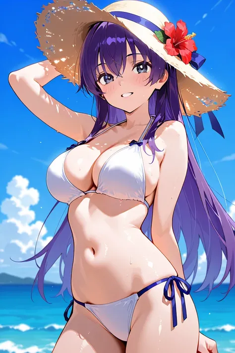 (((masterpiece))), ((best quality)), ((ultra-detailed)), (illustration), (detailed lig ht), (an extremely delicate and beautiful), source_cartoon, source_anime, raven, short purple hair, black eyes, 1girl, breasts, solo, navel, looking_at_viewer, swimsuit,...