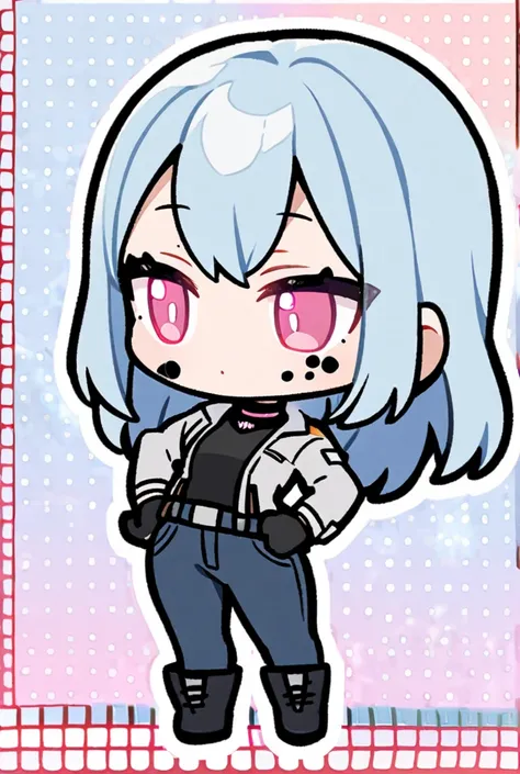 A girl, light blue hair, open gray jacket, black shirt, black gloves, dark blue combat jeans, black boots, pink eyes, dark blue spots dotted on her face and neck, hands on her hips, chibi