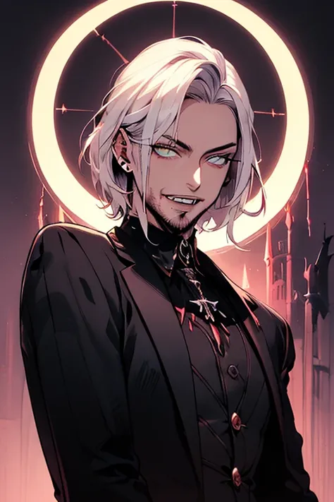 (( obra maestra, mejor calidad ))  cuerpo completo, 1 man, male vampire , pose elegante, elegant clothes, short white hair, he has beard, goth, elegant , nice eyes, showing her fangs, blood. Background: gothic castle, moonlight, glow lights