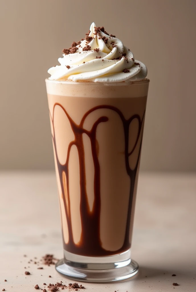 round and tall glass cup containing an ovomaltine milkshake, with chocolate sauce decorating the inside ,  white whipped cream with chocolate sprinkled on top to decorate  