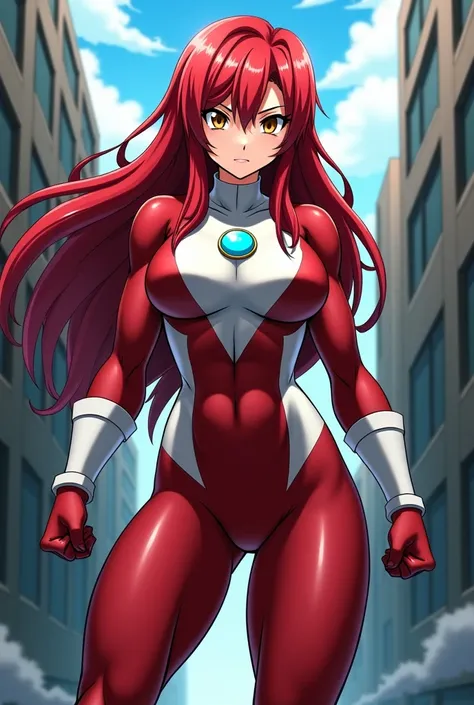 My Hero Academia Style , Anime girl, female, young female,muscular female,Full Body Shot,(fighting Pose:1.3),Long hair, Red Hair,  Brown Eyes,Hero Suit, Full Body Suit, red suit with white details,small round blue jewel in the center of the chest, perfect ...