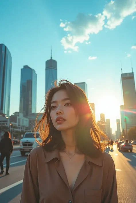 A warm sunlight casts a gentle glow, a woman standing on Beside the building city of Business district. hair sway softly in the breeze, with a People rushing during rush hour.popular korean makeup, thin lips, anime still, shirt, pfp, modern haircut, as a K...