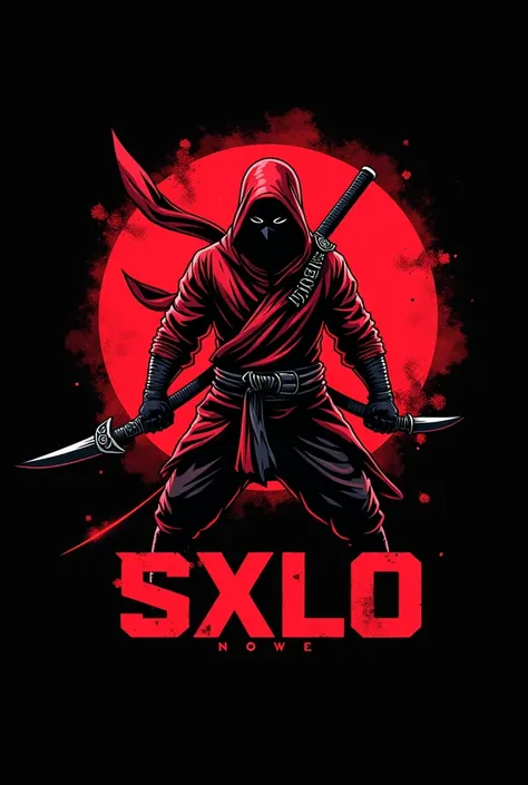 Create me a mascot logo where the mascot is a red ninja   ,  with the background of the image being black and underneath it has the letters sxlo 