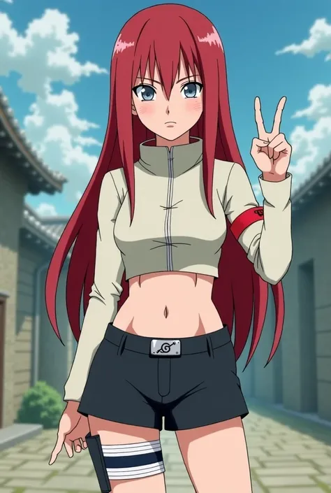  Screenshot Naruto Shippuden , older girl with straight red and long hair, white skin, Celestial Eyes,parts, Serious expression on the face ,lentes,Of clothing a short and tight crop top with a middle closure and a long sleeve collar,el crop top celeste,sh...