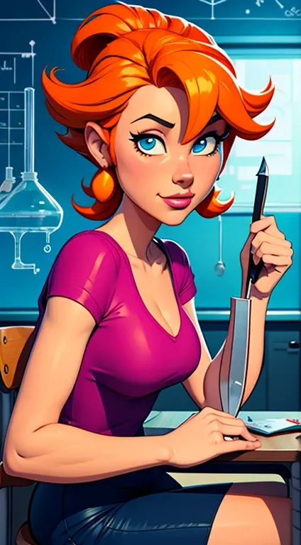  3d cartoon of a cartoon girl sitting at a table with a knife and a beak, portrait of a mad scientist ,  working in her science lab , doing experiments in your science lab,  cartoon art style ,  cartoon art style , ilustração  in cartoon style ,  professio...