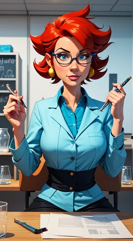  3d cartoon of a cartoon girl sitting at a table with a knife and a beak, portrait of a mad scientist ,  working in her science lab , doing experiments in your science lab,  cartoon art style ,  cartoon art style , ilustração  in cartoon style ,  professio...