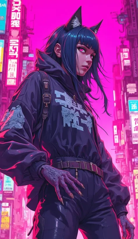 Manga woman in cyberpunk style, neon pink light, cat ears and teeth, side profile, drawing, full body, action pose, cool hoodie 