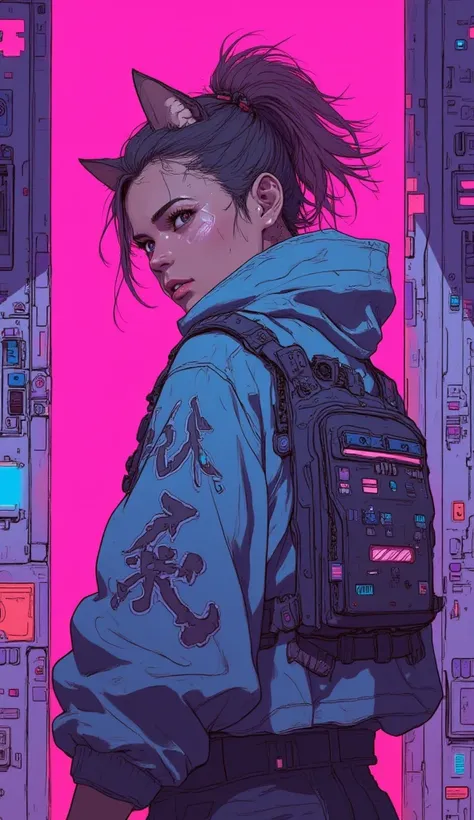 Manga woman in cyberpunk style, neon pink light, cat ears and teeth, side profile, drawing, full body, action pose, cool hoodie 