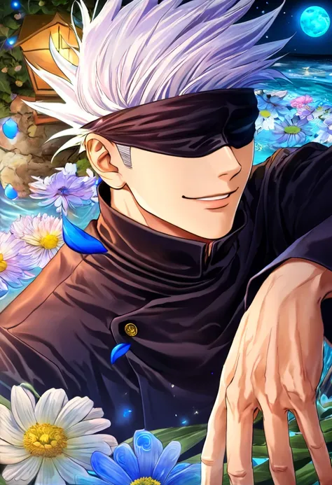 absurdres, highres, ultra detailed, HDR, master piece, Gojou Satoru, white hair, blindfolded eyes, black shirt, Jujutsu Kaisen, man, handsome, best quality, blue moon, flowers, fantasy, magical, solo, water, blue shining fireflies, blue petals, Jujutsu Kai...