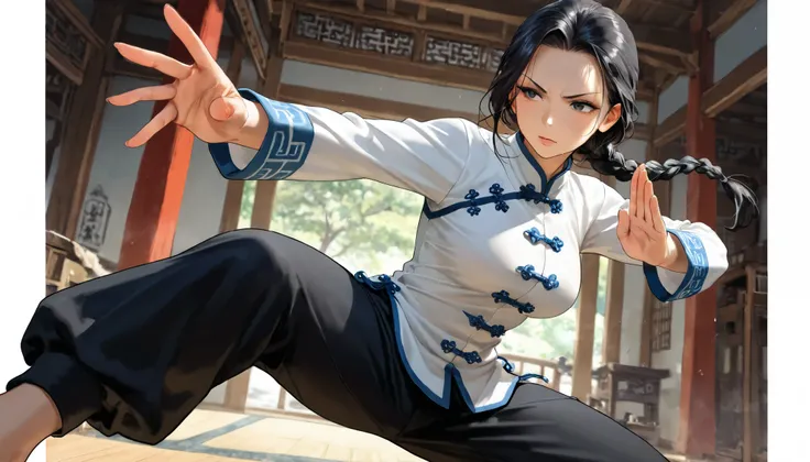 forehead, black hair, single braid, white shirt, black pants, mature female, medium breasts, tangzhuang, fighting stance, reaching, masterpiece, best quality, amazing quality, detailed background, intricate details