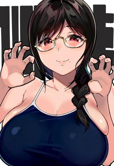  1 girl,Alone, mole under mouth, mole,glass, braided,chest, upper body, competitive swimsuit,large chest, mouth, brown-haired , watches viewers,  simple background, long hair,yellow-framed eyewear,big chest, Red Eyes,smile, shoulders with chocolate,,  unde...