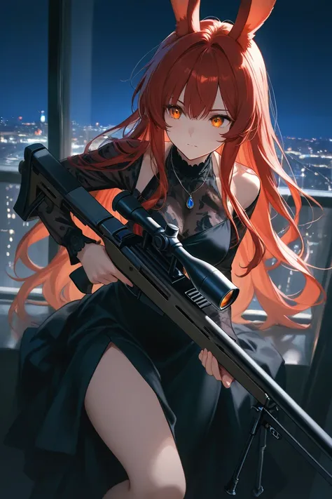  rabbit girl, red long hair,orange eyes,Blue necklace,sniper rifle,night view,black dress,hold a gun and take aim