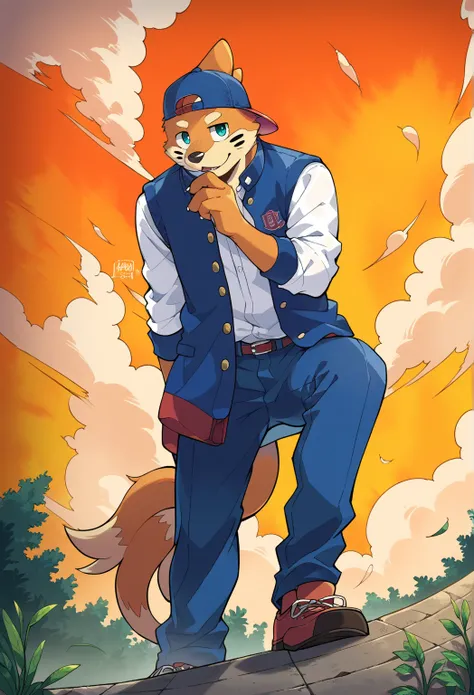 score_9, score_8_up, score_7_up, rating_safe, anthro, 1boy solo, furry, buizel, school uniform, gakuran, male school uniform,AddXL,ITMStyle, dynamic background, detailed background, outside, baseball hat, open uniform, white shirt with his favorite basebal...