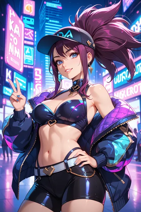 Create a highly detailed and expressive digital artwork of Akali from League of Legends. She is standing confidently, facing the viewer directly, with a bold and playful expression on her face. Her right hand is raised, making a peace sign (V sign) with he...