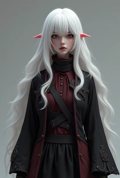 A Roblox with full white hair and medium black clothes half reddish with a black skirt