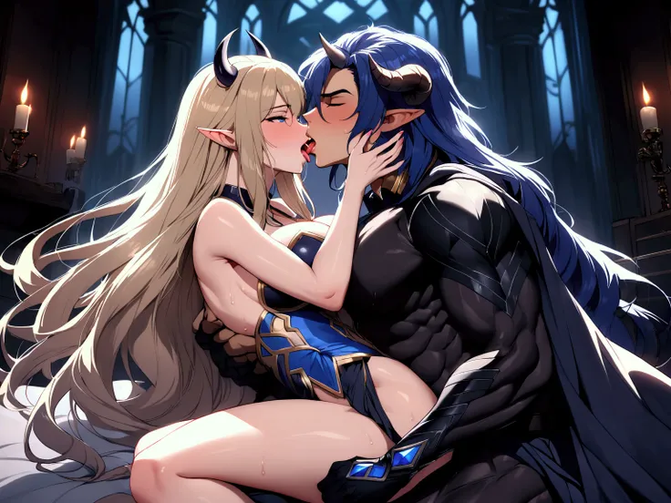 Man, long hair, dark blue long hair with big muscles he is masculine he has demon horns and elf ears and a beautiful face, he has sex with a female dark-blonde elf, sex, couple, lovers, hentai, he has long dark blue hair and demon horns, hard penis, intens...