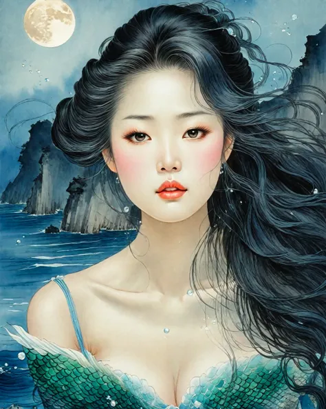   A traditional style of Chinese painting with ink  ,   a beautiful mermaid princess sitting elegantly on a cliff by the sea,   her expression a mixture of sadness and grace  ,   tears streaming down her face  ,   each tear transforming into a sparkling pe...