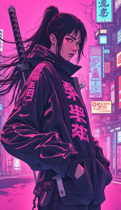 Japanese woman in cyberpunk Neon pink, side profile, drawing, full body, action pose, cool hoodie, katana 