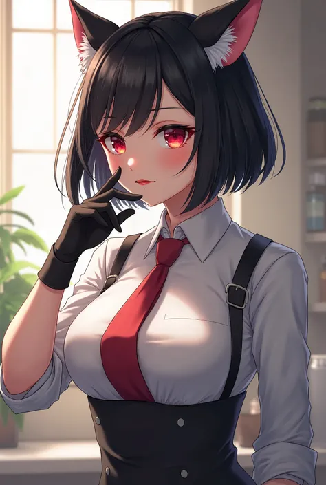 female, fashion accessories formal wrist gloves, lipstick, necktie, large breasts, looks, pointy ears, red eyes, feline pupils, black hair, short hair, bob cut, personality kind, thoughtful, role chef, nurse