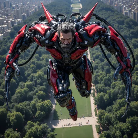 Tall man, 40s, gray hair, dark skin, wearing red robotic armor, flying over Central Park.