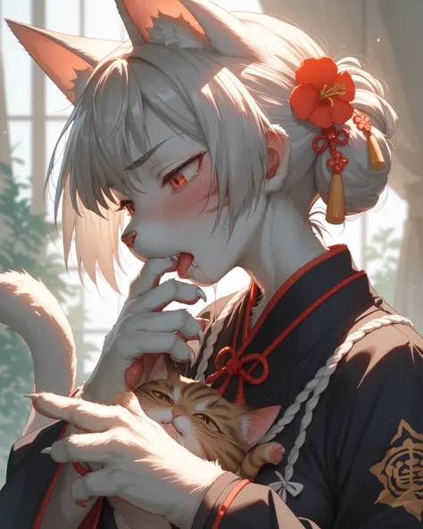 furry cat woman , Vietnam , ao dai , (Drooling) , (suck the finger)