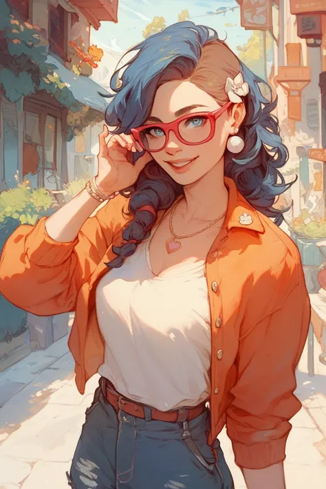  Cheerful woman with blue hair ,  big white glasses and blue eyes, standing and wearing a pink hofie 