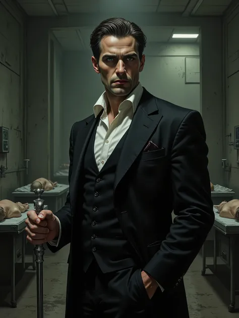 Illustration of a male vampire in his 40s, Italian look , combed short hair, suit of clothes, silver walking stick. In the background inside a morgue. 