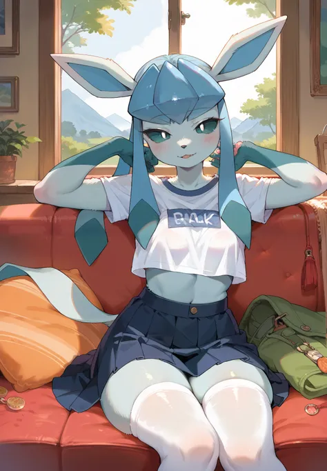 source_furry, BREAK, furry, anthro, 1girl, Glaceon, Pokemon, blue hair, crop top, piercings, thigh highs, skirt, sitting on a couch, sexy pose, lustful, BREAK, night time, mountain cottage, cinematic lighting,