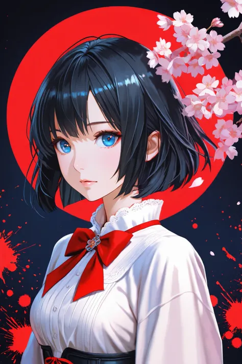 Anime girl portrait, short black hair, large blue eyes, white blouse, black corset, red bow tie, red circle background, cherry blossoms, splatter art, digital painting, detailed, vibrant colors, Japanese style, fantasy artwork, ornate, elegant, beautiful, ...