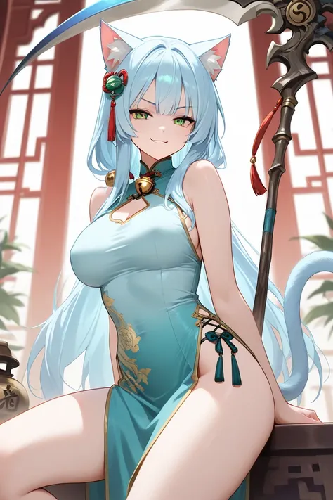 cat girl,light blue long hair, green eyes,bell hair accessory,cat tail, cheongsam, smirk,scythe,boobs,