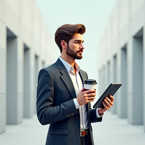 A yong man standing holding his coffee and on his right hand and holding a tab on his left hand and looking forward