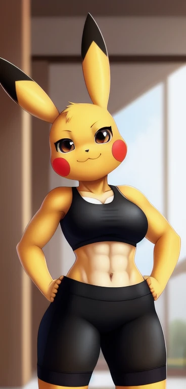 Pikachu, (((masterpiece))), ((high resolution)), ((detailed portrait)), ((looking at viewer)), long yellow pointed ears, (yellow pikachu ears with black tips), brown clear eyes, yellow body, athletic female body (six pack), yellow thunderbolt tail with bla...