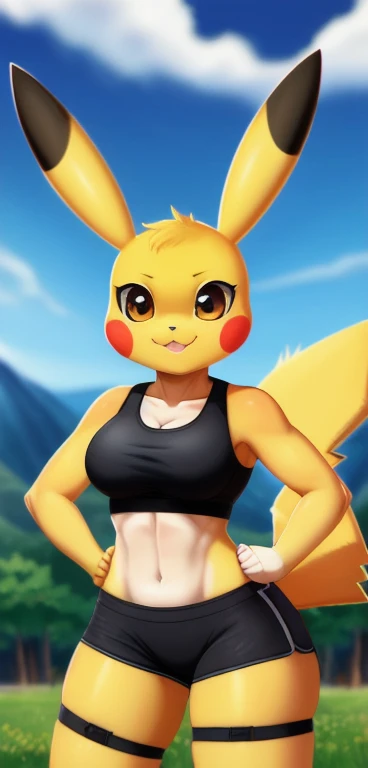 Pikachu, (((masterpiece))), ((high resolution)), ((detailed portrait)), ((looking at viewer)), long yellow pointed ears, (yellow pikachu ears with black tips), brown clear eyes, yellow body, athletic female body (six pack), yellow thunderbolt tail with bla...