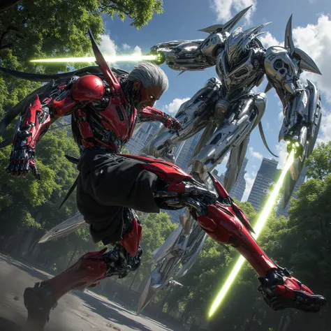 Tall man, 40 years old, gray hair, dark skin, wearing red robotic armor, flying over central park, in a mid-air battle, against a huge cyborg, shooting laser beams.