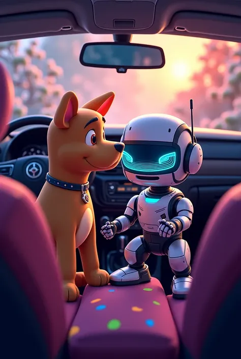 An animated image of a dog with a robot listening to the radio in a car