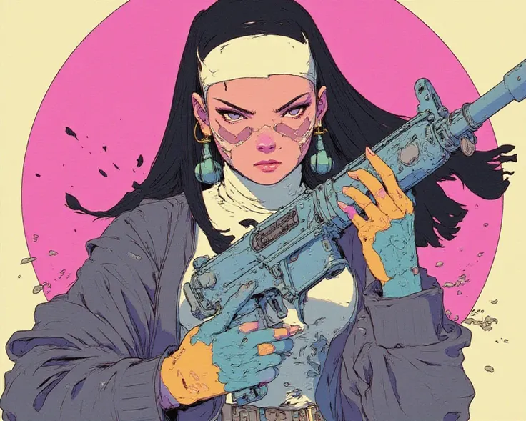 (masterpiece, best quality, detailed face, super detailed, advanced details, highest quality, high resolution, 8K) A angry badass rebel nun pointing a M4 PDW airsoft rifle, pink and yellow background.
