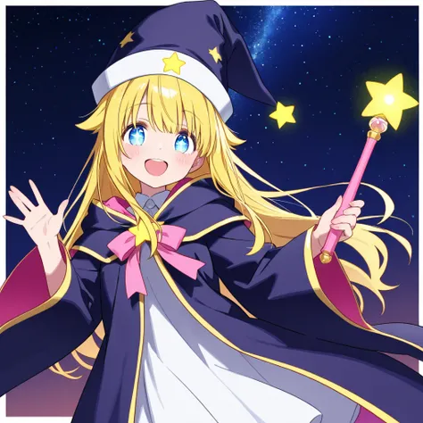  a scene where a little wizard with golden hair 、 waving a magic wand under the starry sky。 her eyes shine 、 has colorful magical lights dancing around 。 Her costume is a gorgeous robe 、Wearing a cute hat 。