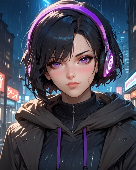  1 girl,  high resolution,  looks at the viewer,  Blushing,  short hair,  black hair, jewelry,  closed mouth ,  Purple eyes,  in profile , neon night background,  Rainy weather , a long hoodie , head tilted to the side ,  covers her mouth with her hand, he...