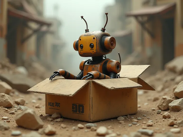 small robot in a cardboard box - rust-colored hydraulic cylinder and roulette - caterpillar - ruined - waste - realistic photo - dust - ruined rubble 