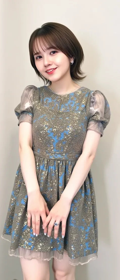 Gorgeous Idol、whole body、 good style、、、、、golden and blue shiny mini dress、、、 wave hair