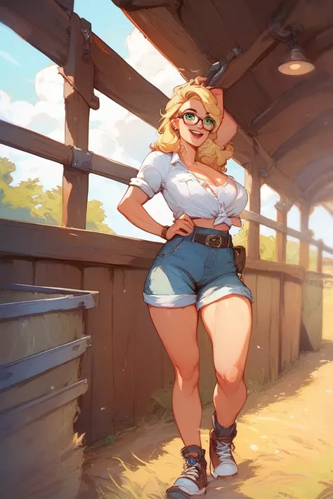 Cheerful blonde woman , with big glasses,  green eyes, standing on a German farm