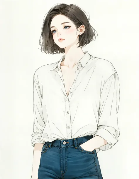  simple illustration 、 woman with short hair 、Blouse and jeans attire、