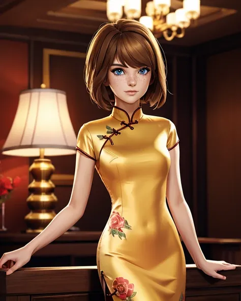 max caulfield posing elegant in a long cheongsam gown BREAK (shiny satin golden cheongsam, turtleneck gown, highneck, straight fabric, floral pattern cheongsam, short sleeves) BREAK (slim body) BREAK (ochre hair) BREAK looking at viewer (beautiful eyes, fr...