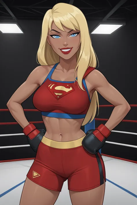 PonyXLV6_Scores BREAK ((parody), perfect anatomy, perfect eyes, cowboy shot) BREAK kara zor-el, long hair, blonde hair, blue eyes, dark-skinned female, lipstick, red lips, flirting, raised eyebrow, half-closed eyes, ((looking at viewer)), superhero, midrif...